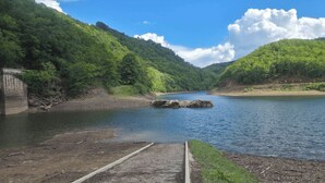 Un río con una represa y colinas verdes y frondosas.
