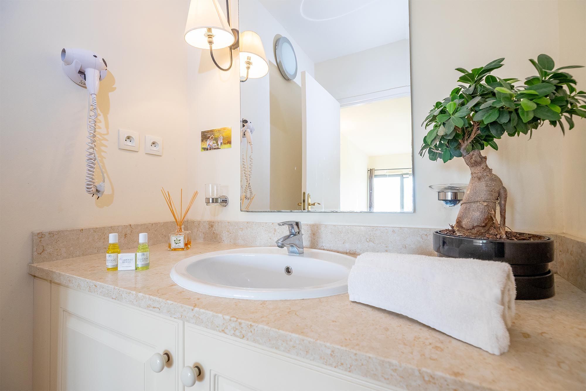 A bathroom with a sink, towel, mirror, wall-mounted hair dryer, and a bonsai tree.