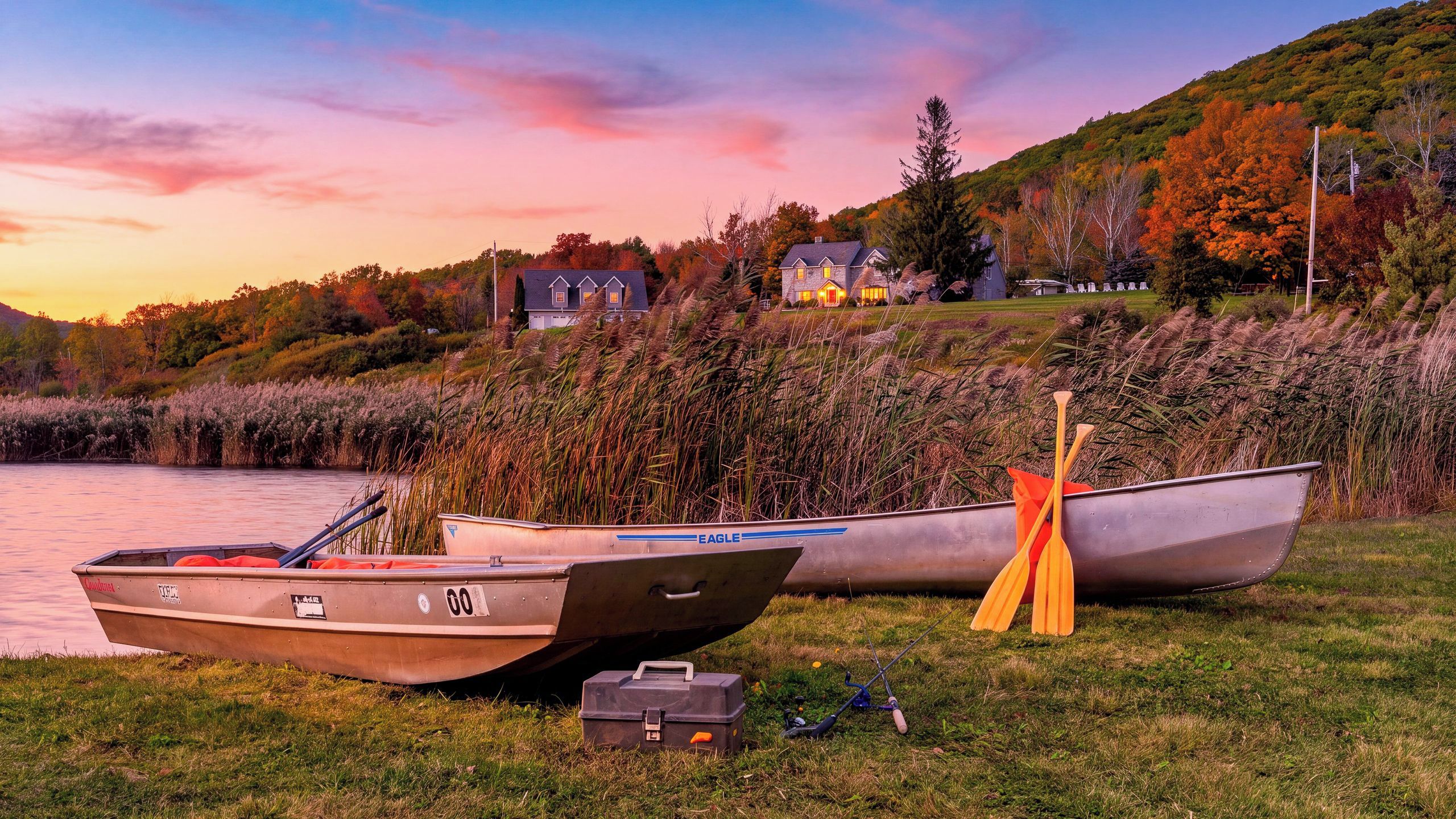 Two boats on a grassy shore with a lake and houses in the background.