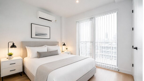 A modern bedroom with a bed, bedside tables, a window with blinds, and an air conditioning unit.