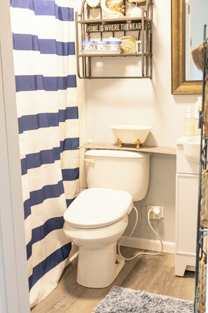 Een douche, een haardroger, een bidet, handdoeken
