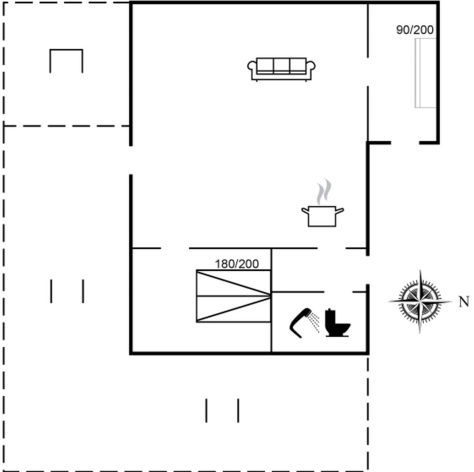 Un plano de planta que muestra una sala de estar, una cocina y un baño.