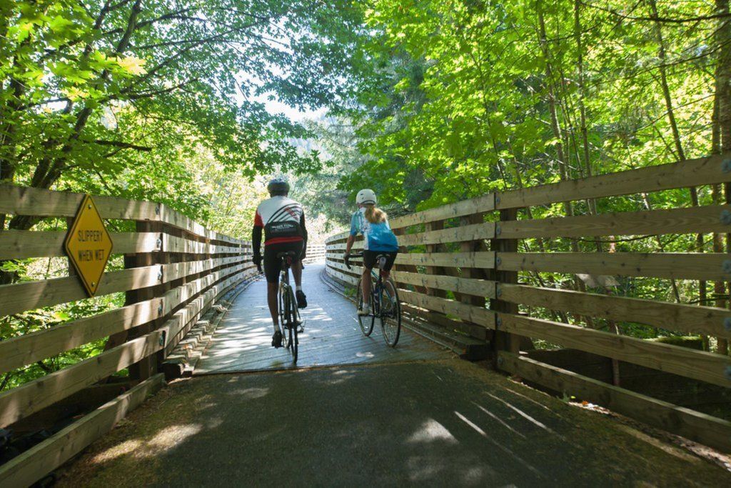Un pont en bois, surmonté d’un panneau d’avertissement jaune, est entouré d’une végétation luxuriante.