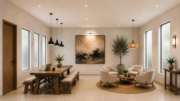 A modern interior with a wooden dining table, cushioned chairs, a round coffee table, and a large abstract painting on the wall. - Ormos Piraeus (Piraeus)