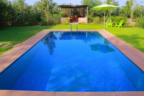 Magnificent house with a large swimming pool surrounded by olive trees and natu.