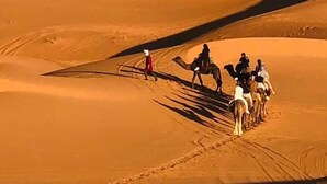 A group of people on camels in a desert landscape with sand dunes. - Desert Camel Trekking Camp (Taouz)