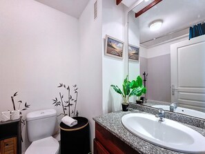 A bathroom with a toilet, sink, mirror, and decorative plants. - Natur’Azur - AC - Sainte-Clotilde -Patio (Saint-Denis)