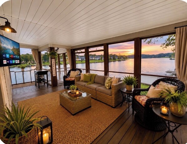 A spacious room with a large window overlooking a lake, a comfortable sofa, a small table, and a television mounted on the wall.