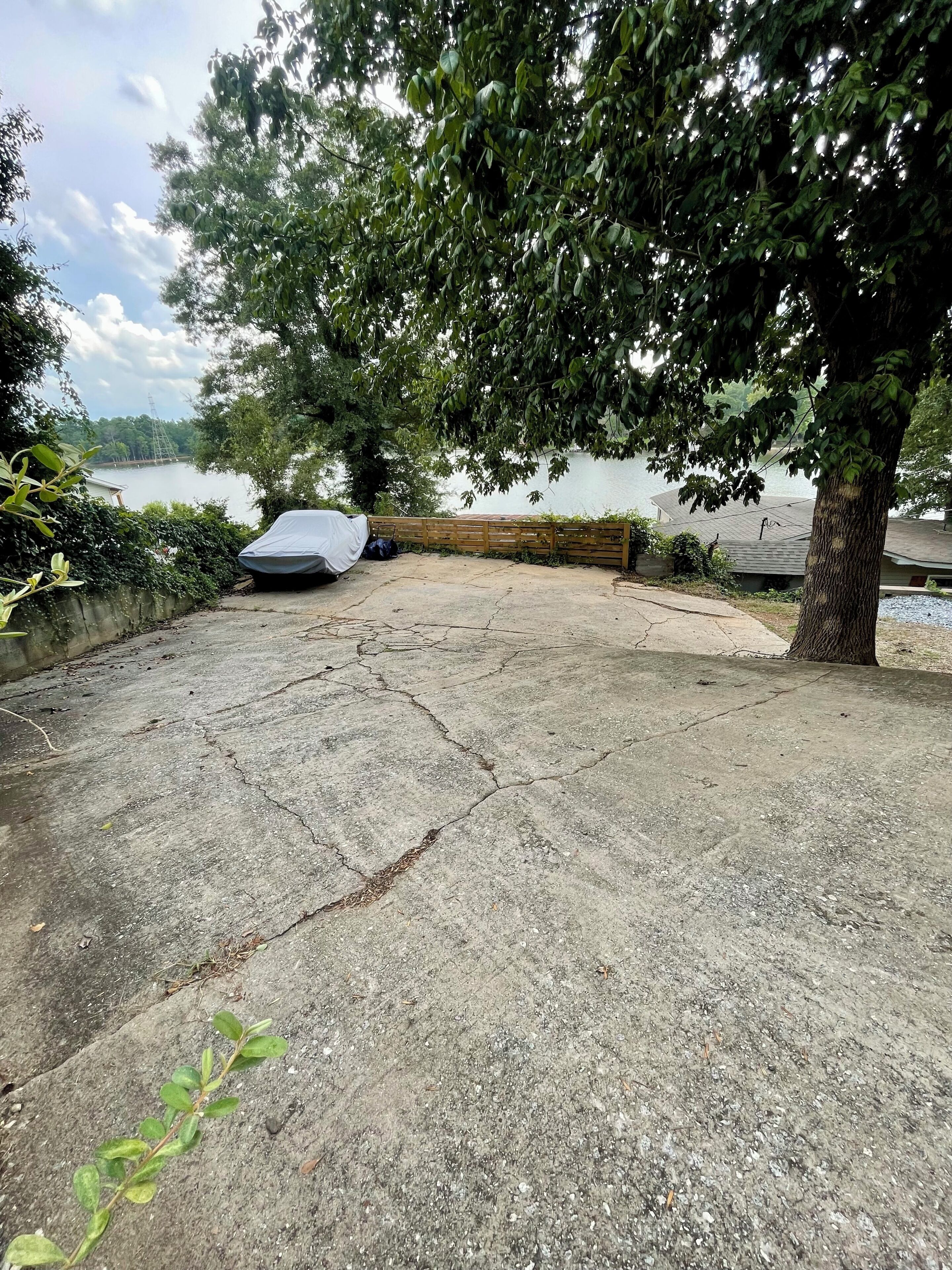 A concrete parking area with a wooden fence and a tree.
