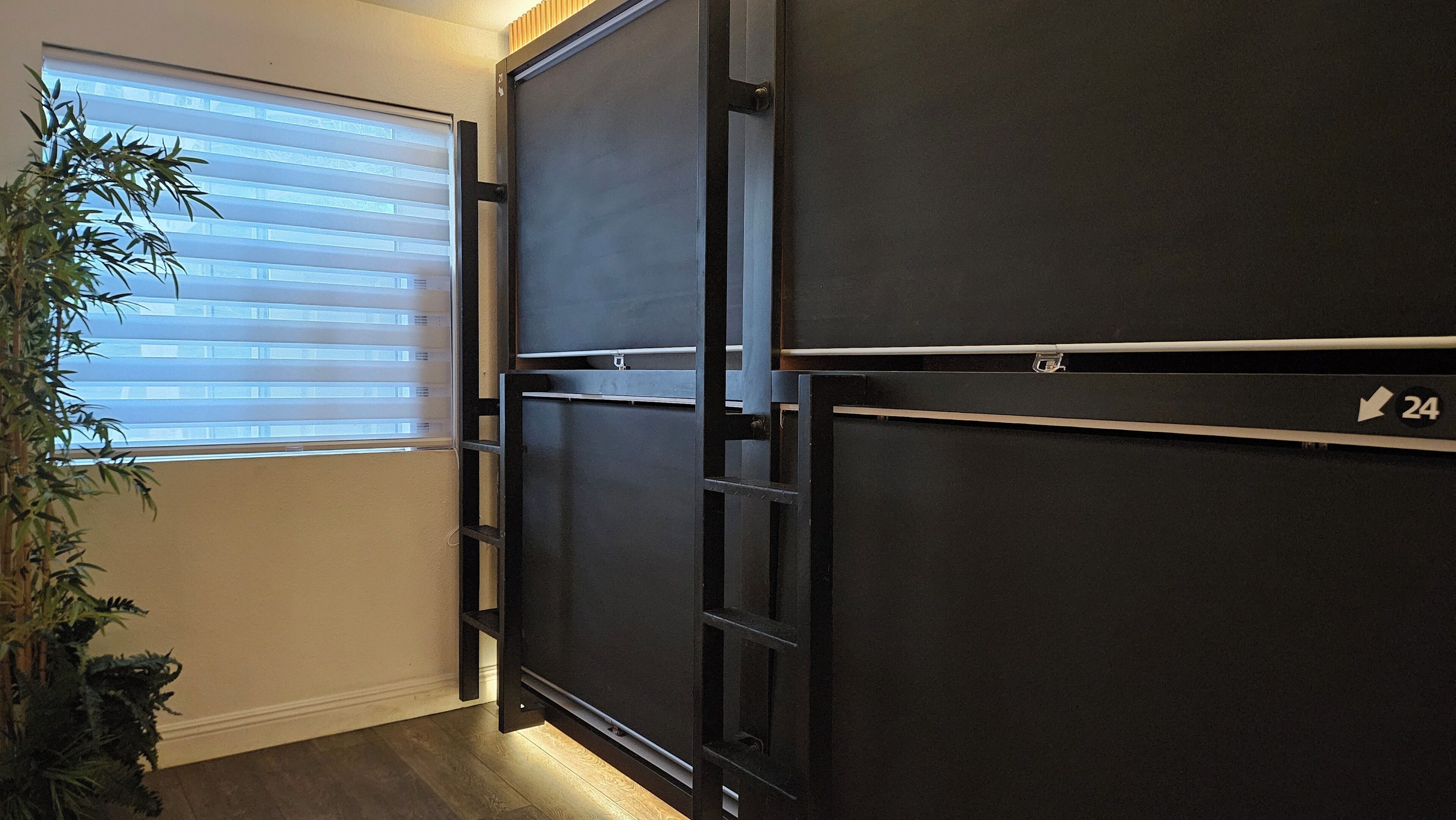 A room with a sliding door, a window with blinds, and a potted plant.