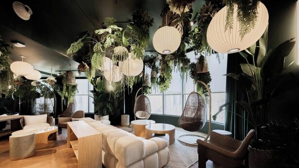 Un salón moderno con plantas colgantes, asientos acolchados e iluminación original.