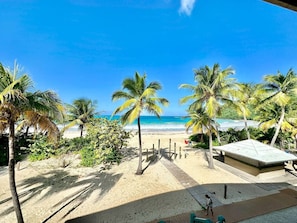Blick auf einen Strand mit Palmen, einer Holzterrasse und einem Gebäude mit flachem Dach.