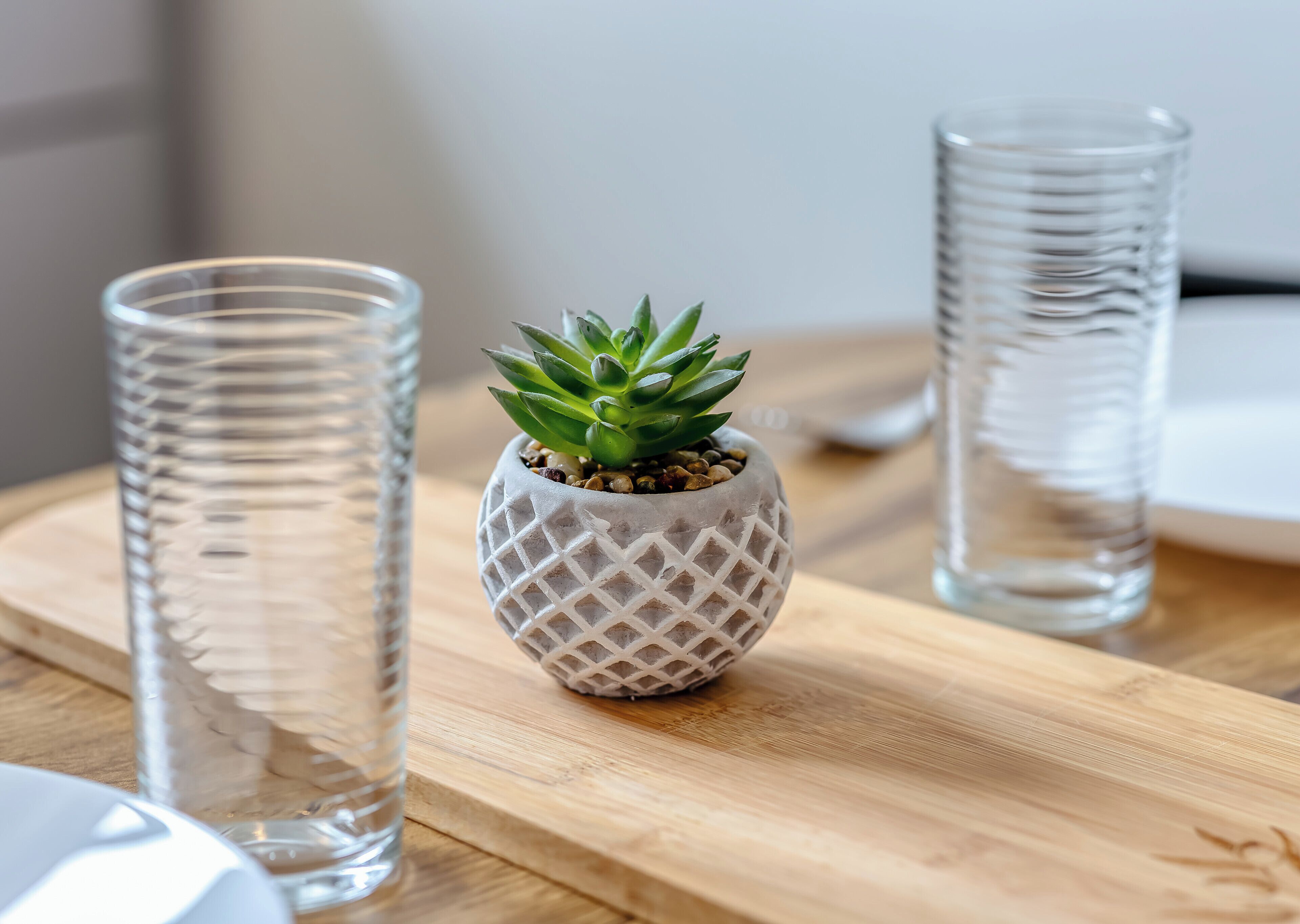 Une petite plante succulente en pot, posée sur une table en bois, avec deux vases en verre transparent.