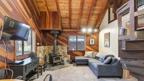 A cozy cabin interior with a fireplace, a television, a sofa, and a stone wall.