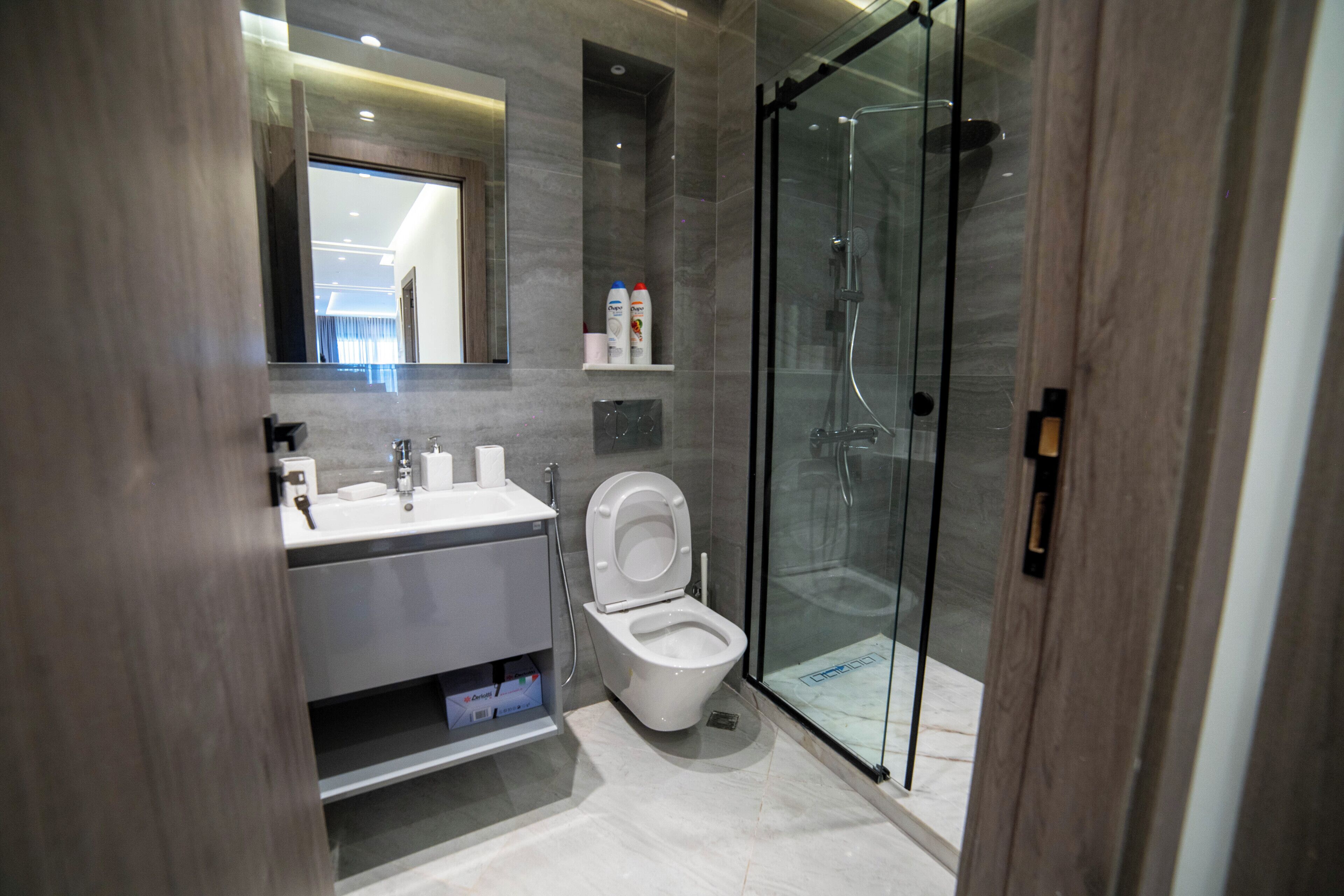 A modern bathroom with a glass shower enclosure, a white toilet, and a vanity with a mirror.