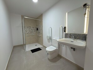 A modern bathroom with a walk-in shower, a toilet, and a sink.