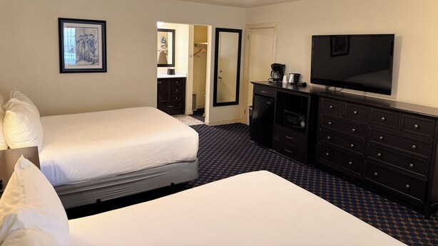A hotel room with a bed, a dresser, a television, and a ceiling fan. - Princess Anne Hotel, SureStay Collection by Best Western (Williamsburg)