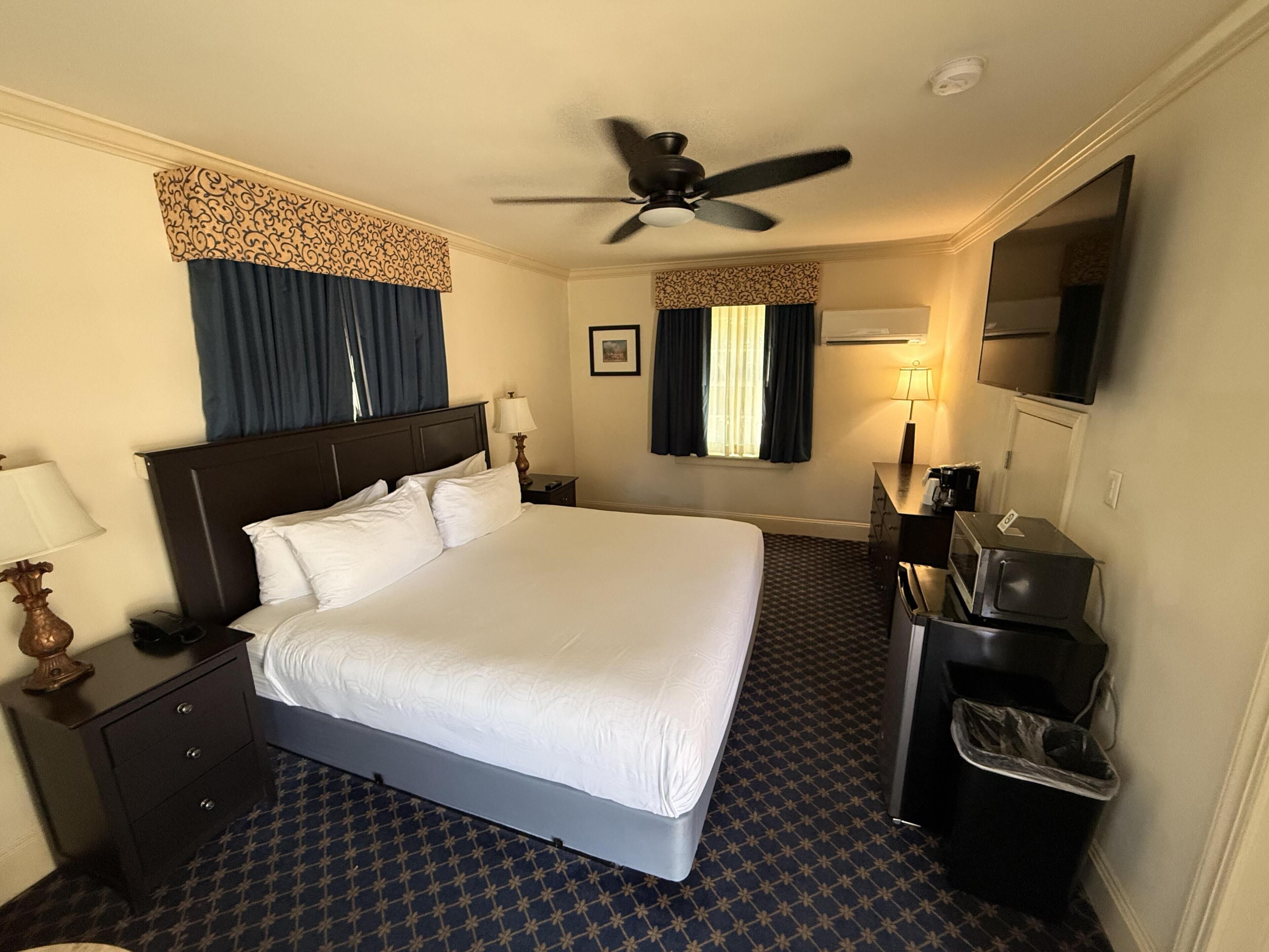 A hotel room with a bed, a desk with a computer, a TV, a ceiling fan, and a trash bin.
