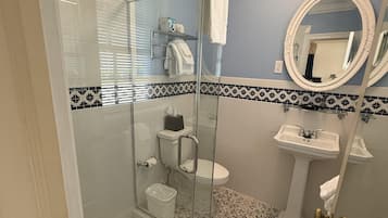 A bathroom with a glass shower enclosure, a toilet, a sink, and a mirror.