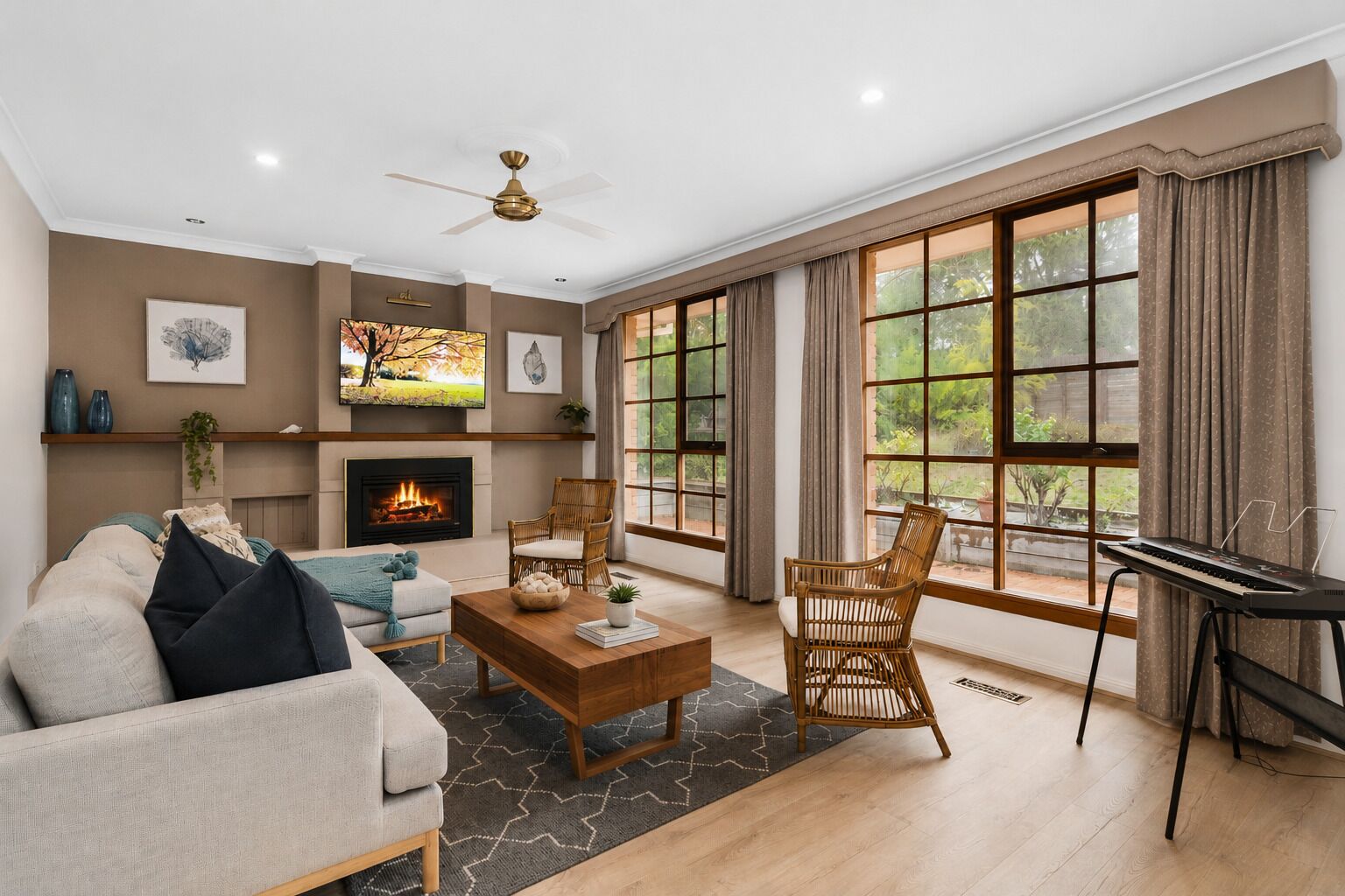 Smart TV, fireplace, books, stereo