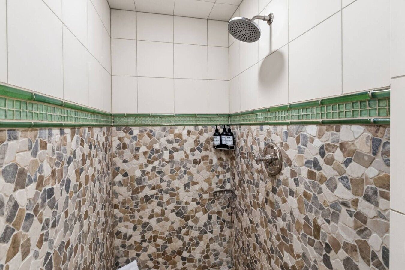 Ein Duschbereich mit Wand aus Mosaikfliesen und Handbrause.