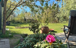 Ein Garten mit einer Holzterrasse, Kübelpflanzen und einem Stuhl.