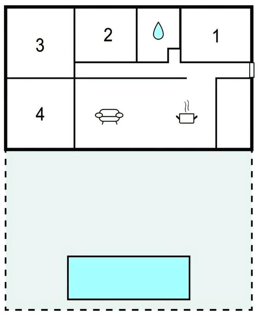 Plano de planta que muestra cuatro habitaciones numeradas, un baño y una zona de cocina.
