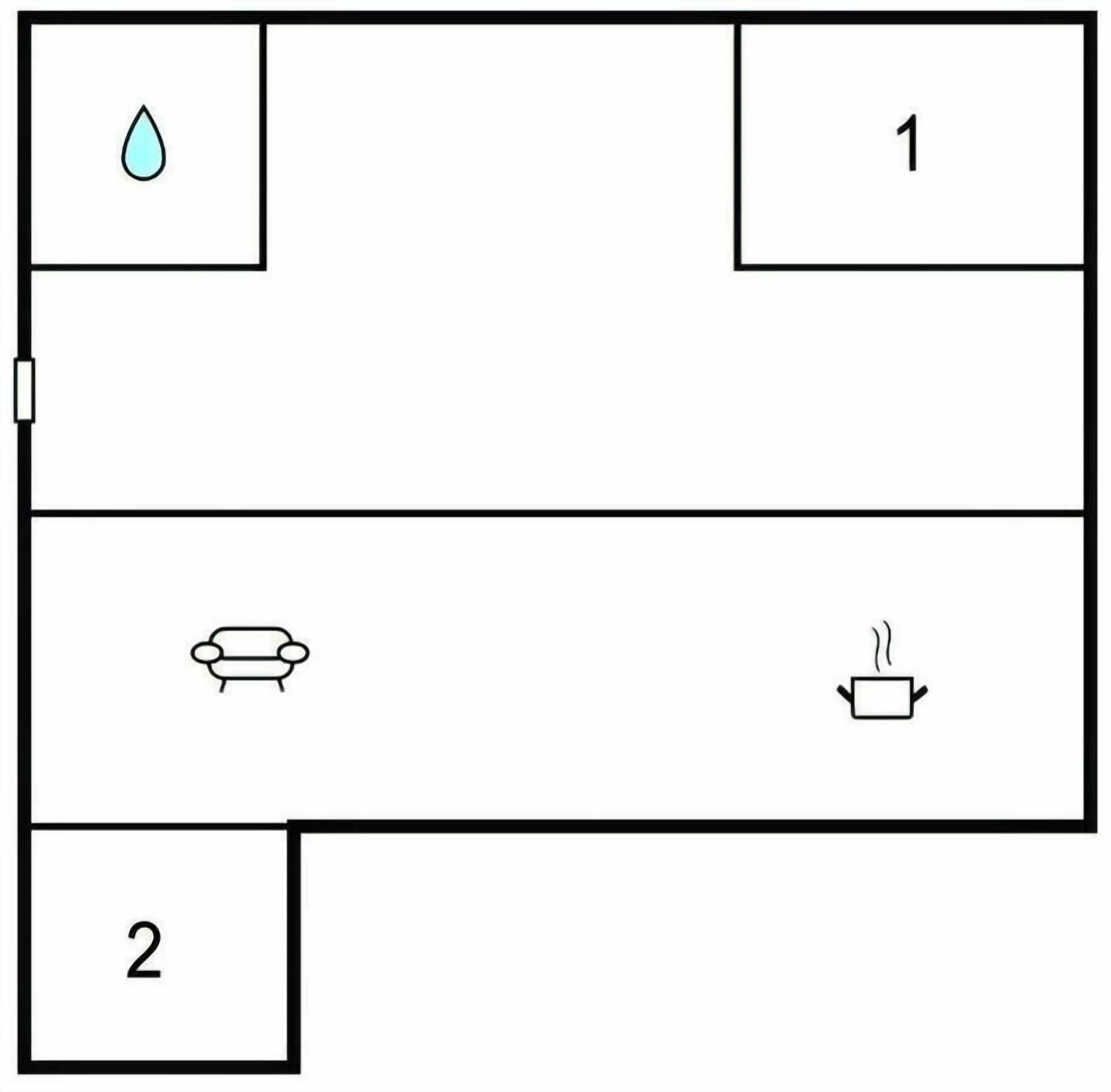 Un plan d’étage simple comprenant deux pièces : une avec des toilettes et l’autre avec un lavabo et une baignoire.