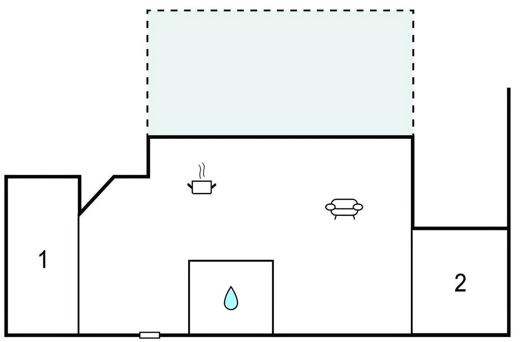 Plano de planta que muestra dos habitaciones, un baño y una kitchenette.