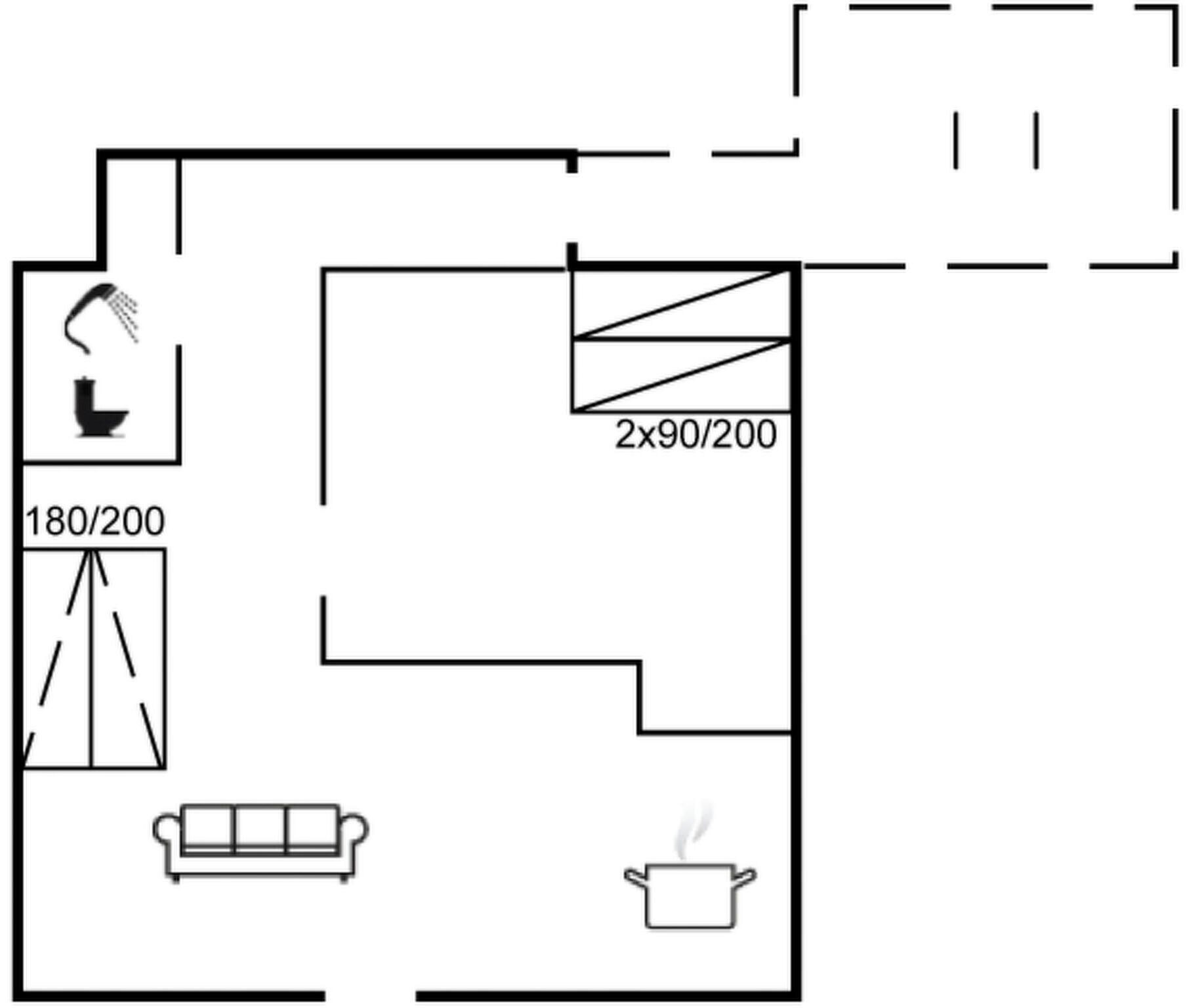 A simple room layout with a toilet, a sofa, and a stove.