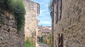 Una calle estrecha bordeada por edificios de piedra con ventanas y puertas visibles.