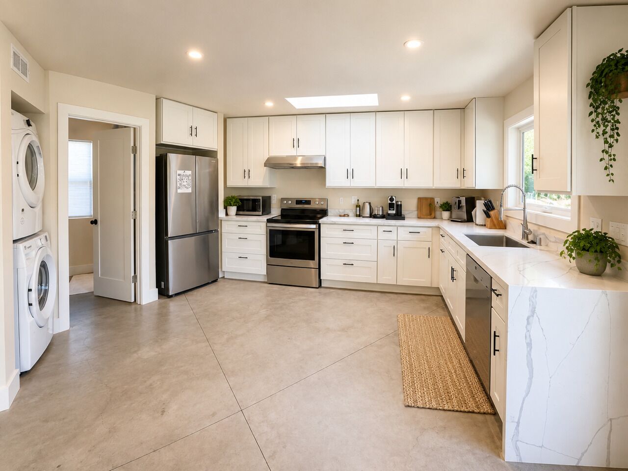 A modern kitchen with white cabinets, stainless steel appliances, and a built-in oven.