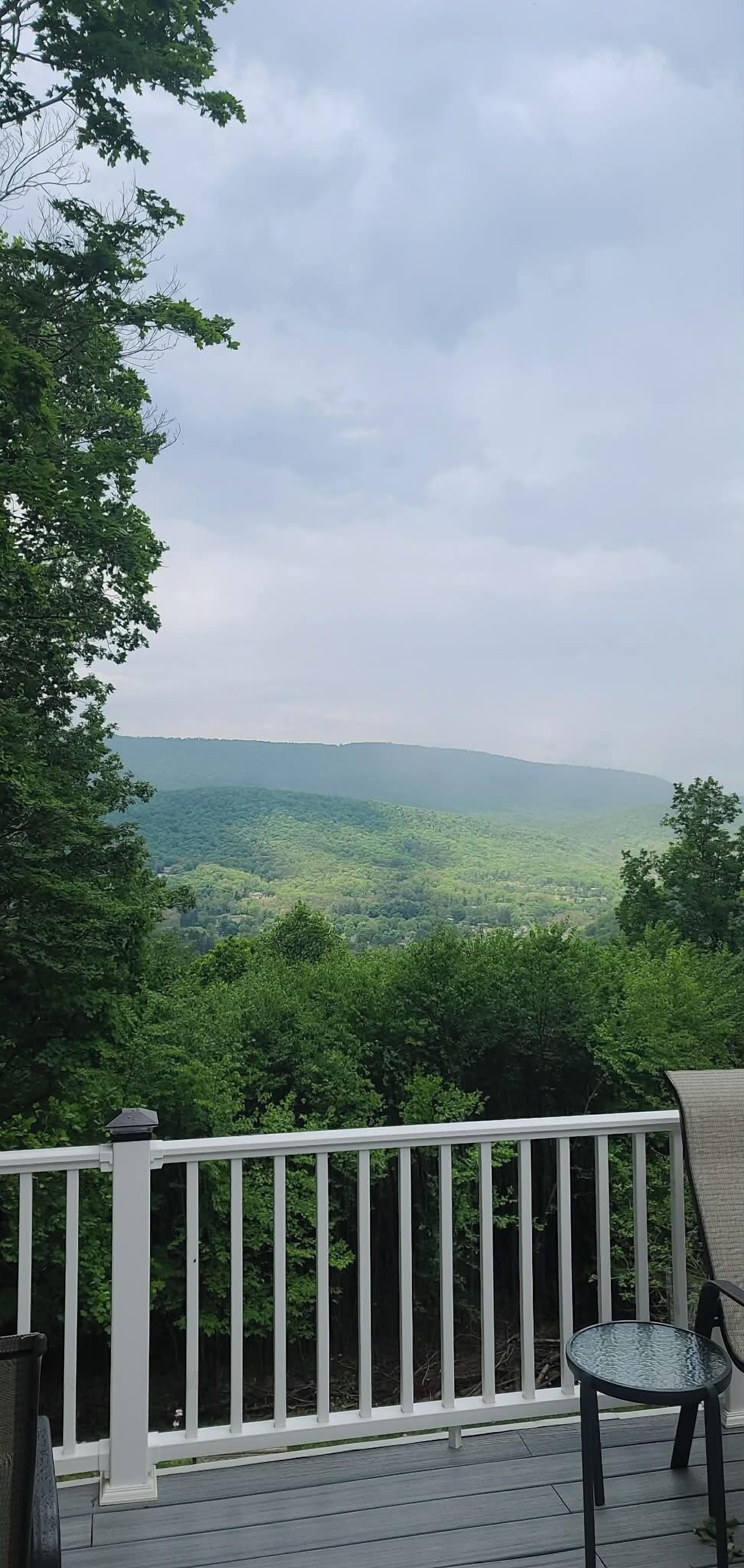 En terrasse med gelænder, et glasbord og en stol, med udsigt over en frodig grøn dal.