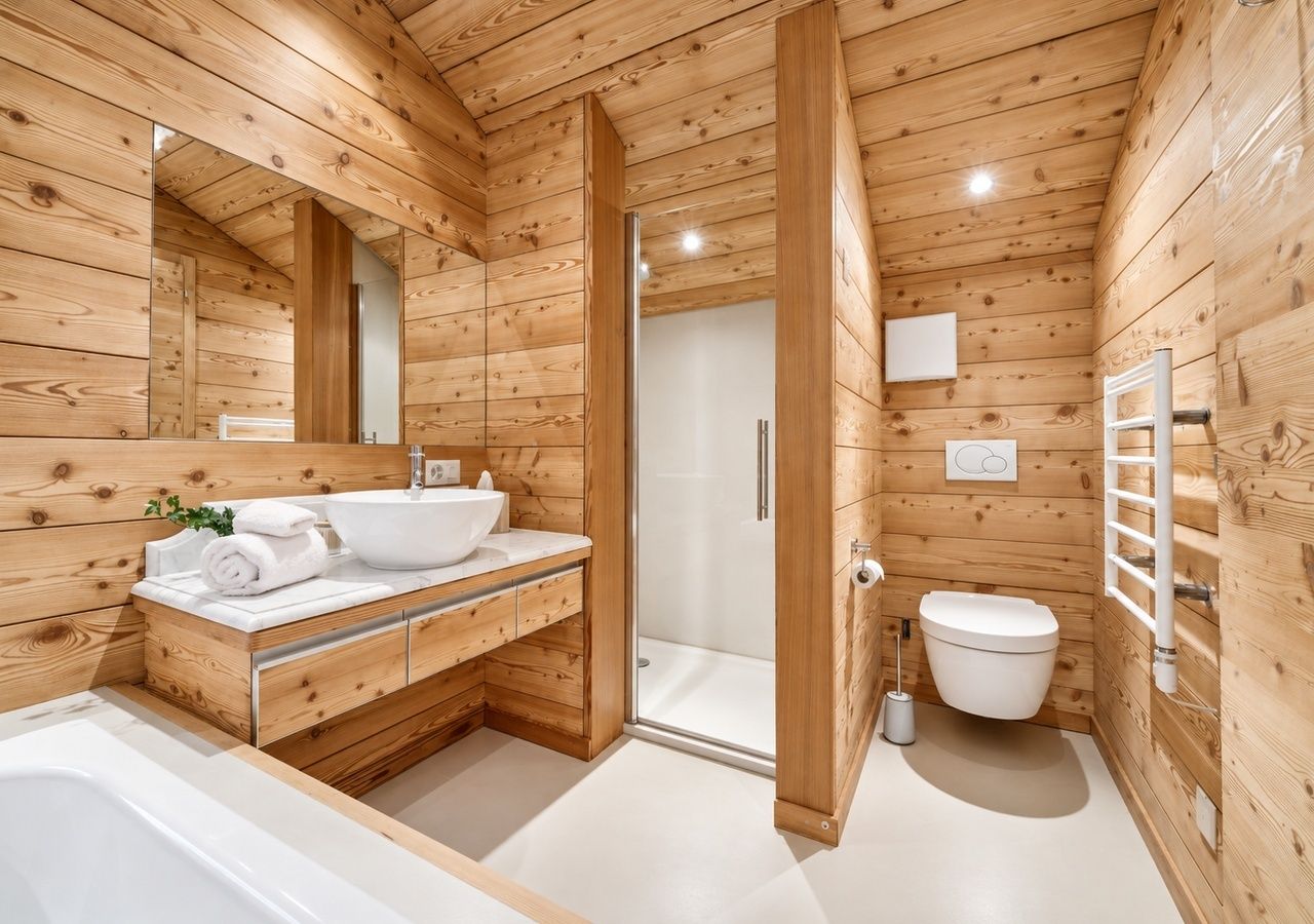 A wooden cabin-style bathroom with a white sink, mirror, and toilet.