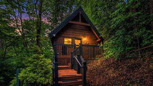 Eine Holzhütte mit einer Treppe, die zu einer Terrasse führt, umgeben von dichtem Wald.