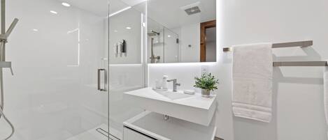 A modern bathroom with a glass shower enclosure, a white sink with a mirror above, and a towel rack.
