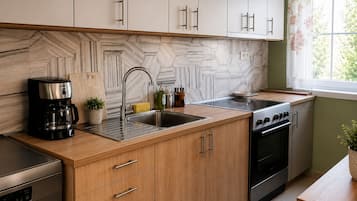 Studio Comfort, balkon, pemandangan gunung | Dapur pribadi | Lemari es besar, microwave, oven, dan kompor
