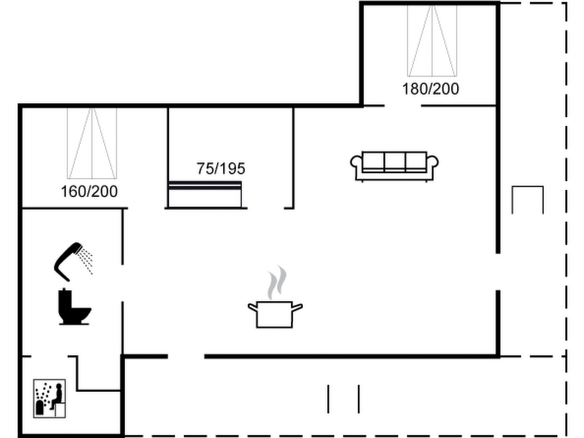 Plano de planta que muestra una cocina, un comedor, una sala de estar y un baño.