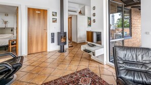 Un intérieur moderne avec une cheminée, un canapé, un téléviseur et un tapis à motifs.