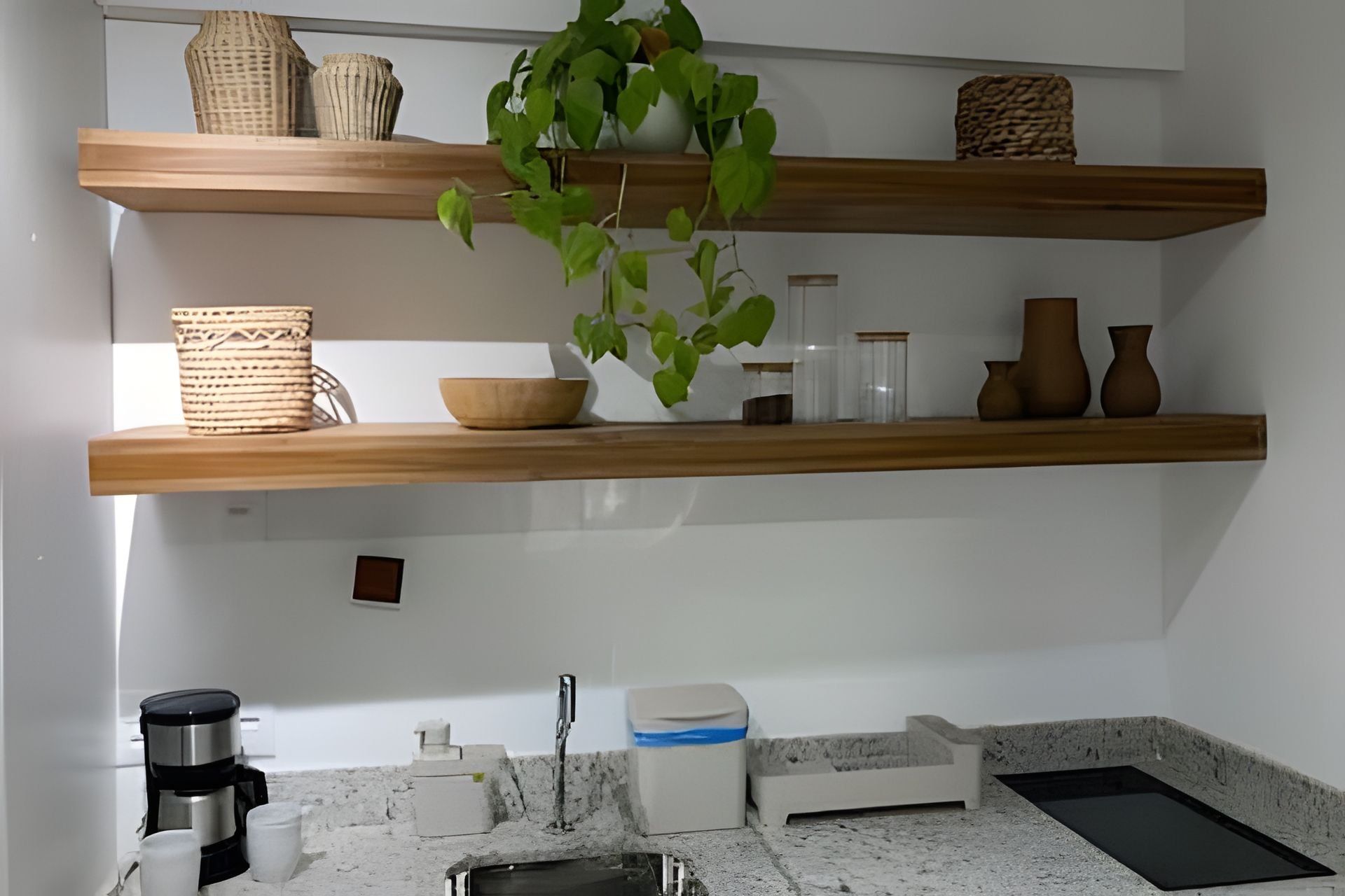 A kitchen with wooden shelves, a coffee maker, and a sink.