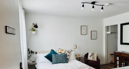 Studio: Queen bed, parking, kitchenette, downtown