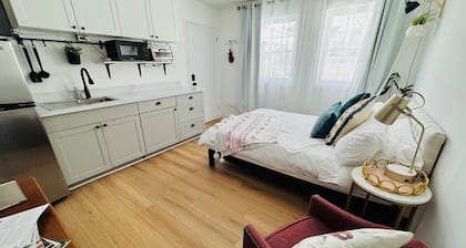 Studio: Queen bed, parking, kitchenette, downtown
