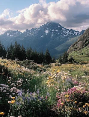 A mountainous landscape with a field of wildflowers in the foreground and snow-capped peaks in the background. - Montana Moon on the Lake "Transcend Xplor" RV #4 (Babb)