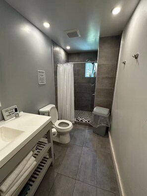 A modern bathroom with a shower, toilet, and sink.