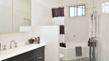 Hair dryer, towels, soap, toilet paper