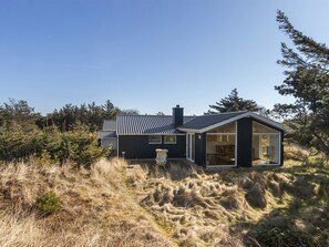 Ein modernes Haus mit dunkler Fassade, einem geneigten Dach und einer Glastür, die zu einem Innenraum führt.