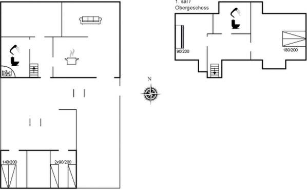 Een plattegrond met een keuken, een zithoek en een badkamer.