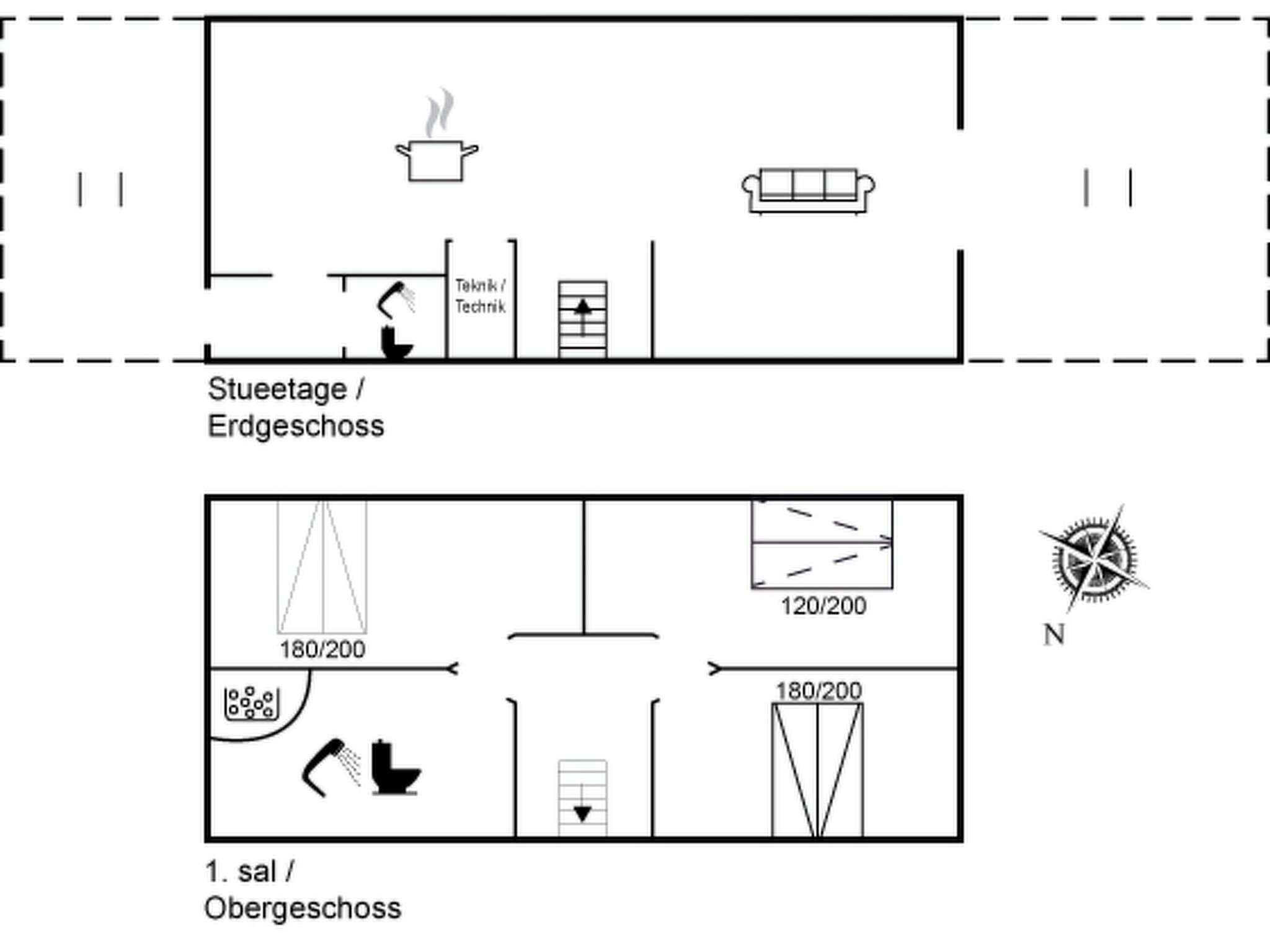 Un plan d’étage comprenant une cuisine, un canapé et une salle de bain.