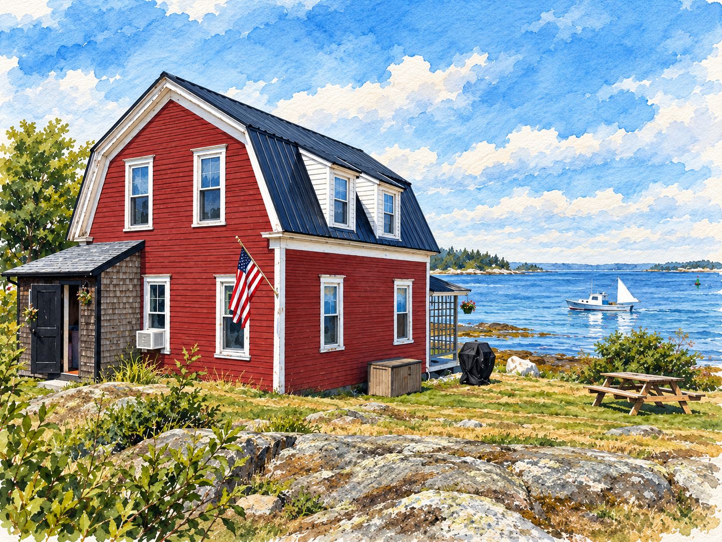 A red house with a dock, a boat, and a lake.