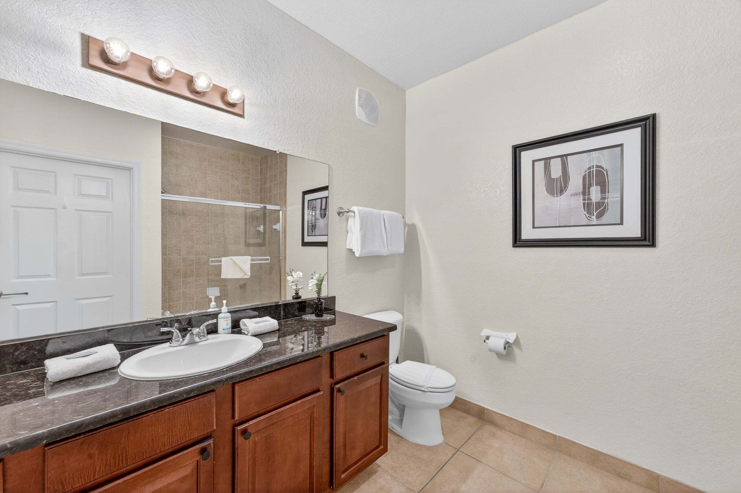 A bathroom with a sink, mirror, vanity, toilet, and framed artwork on the wall.